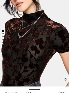 Disturbia Black Sheer Velvet Floral Mock Neck Short Sleeve Top